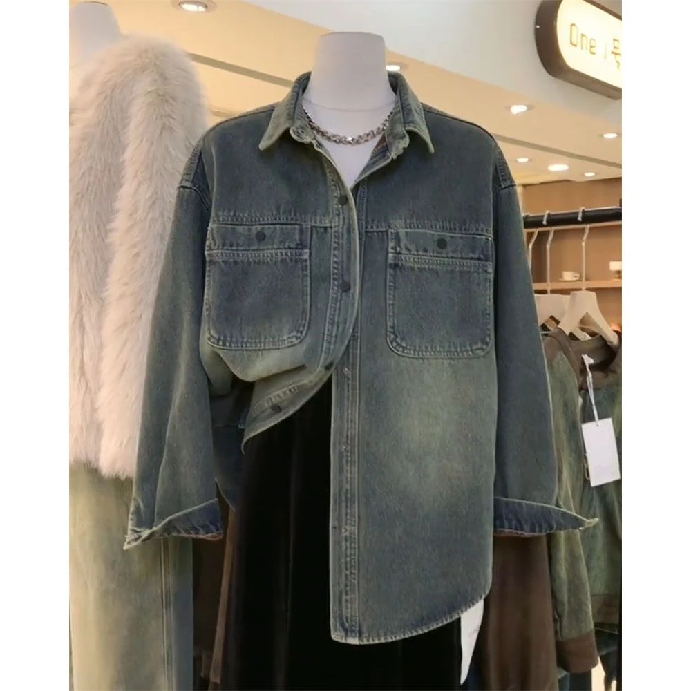 冬季加绒加厚牛仔衬衣衬衫新款设计2025港风外套复古宽松长袖上衣