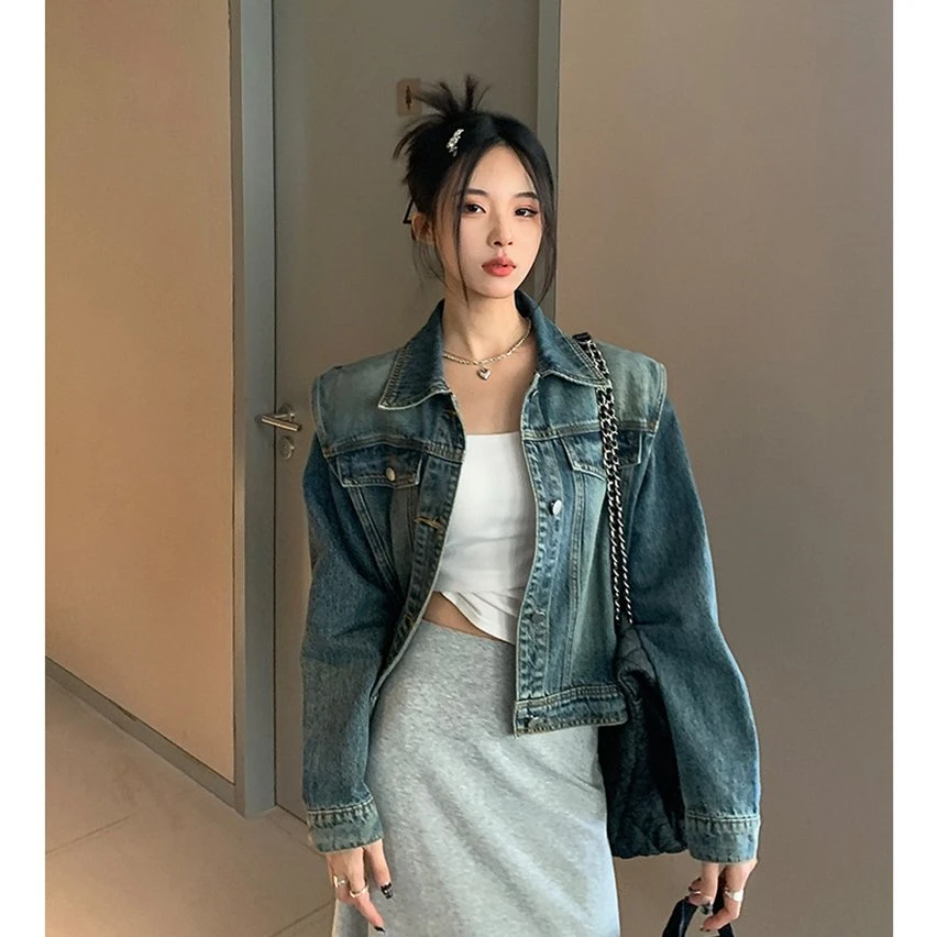 春季秋新款美式复古短款牛仔外套女水洗设计宽松百搭夹克长袖上衣