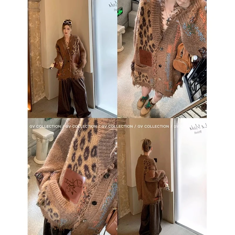 重工皮标破碎流苏加厚撞色毛衣宽松松弛感开衫外套女