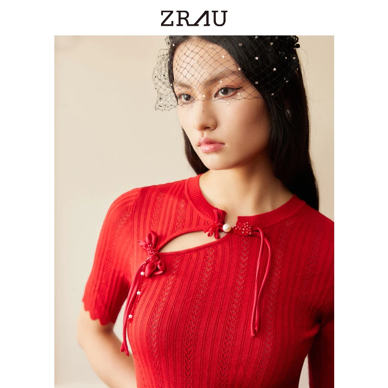 【媛媛女王专享】ZRAU专柜同款复古新中式国风针织短袖上衣91050331