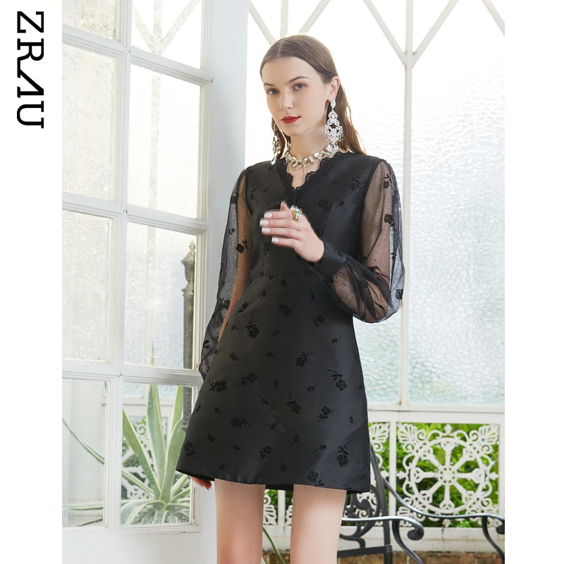 ZRAUV领植绒提花蕾丝中长款修身连衣裙91130643165