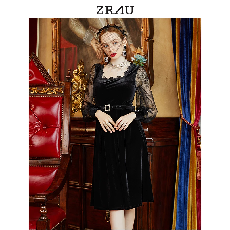 【专属】ZRAU方领蕾丝长袖优雅连衣裙金丝黑色复古91130633015