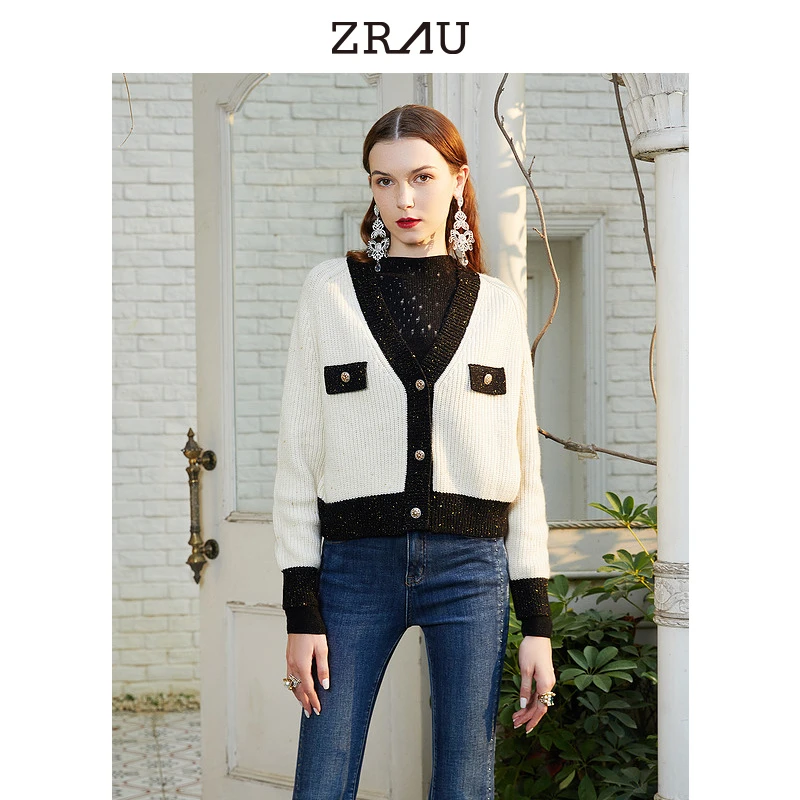 V领百搭时尚黑白撞色口袋装饰长袖针织开衫小外套91050843557