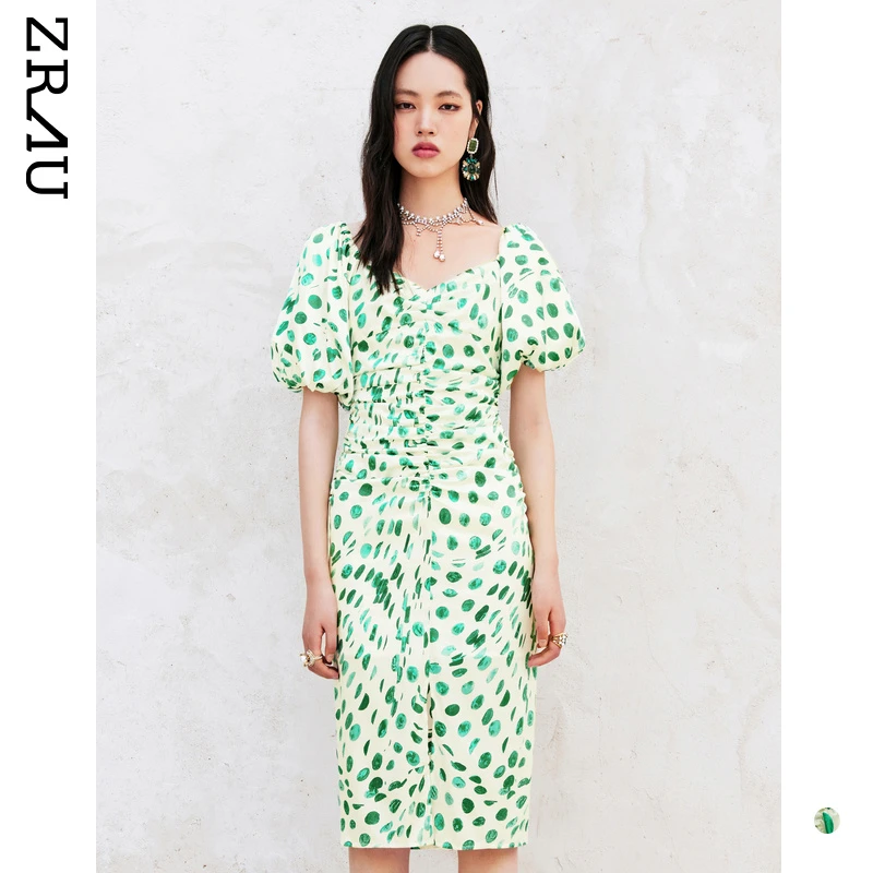 【达人专属】ZRAU复古优雅波点碎褶连衣裙91130321658