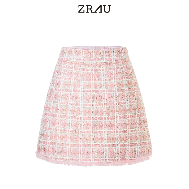 ZRAU浪漫粉水貂毛边格纹小香风半裙91180041173