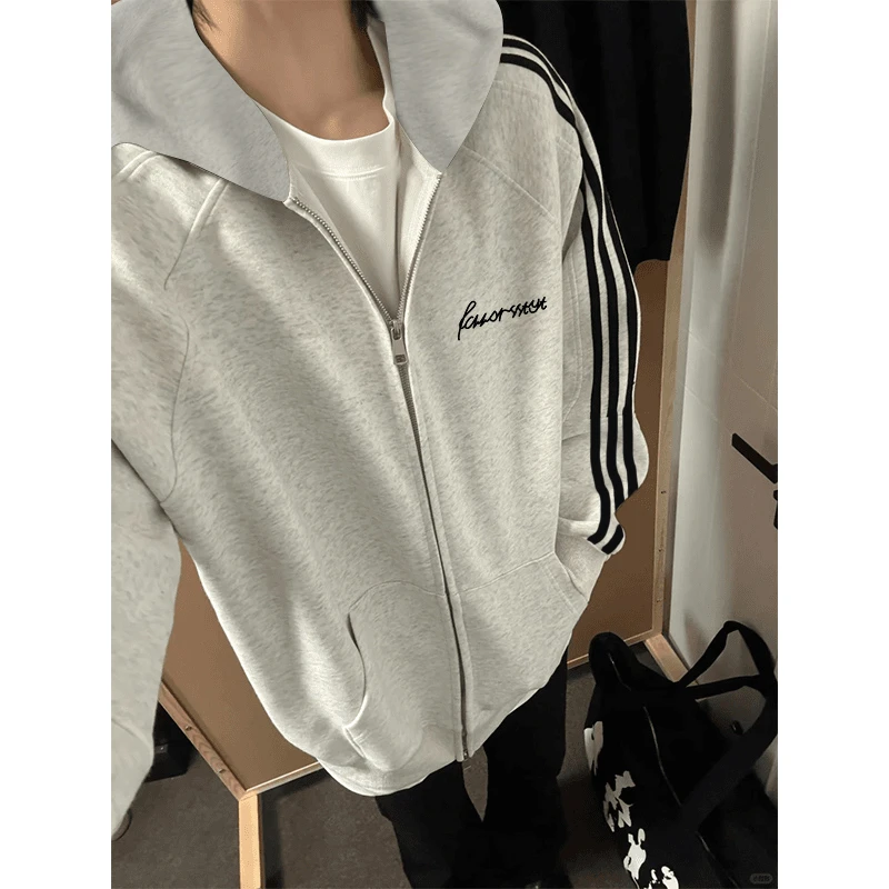 秋冬新款潮牌连帽衫卫衣男女情侣款美式复古三杠时尚ins长袖外套