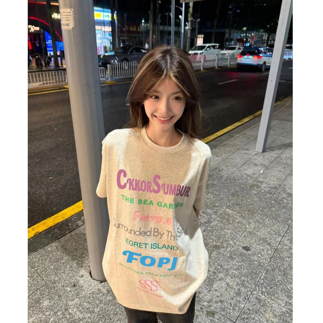 休闲百搭彩色字母印花短袖t恤女夏季新款宽松小众设计感圆领上衣