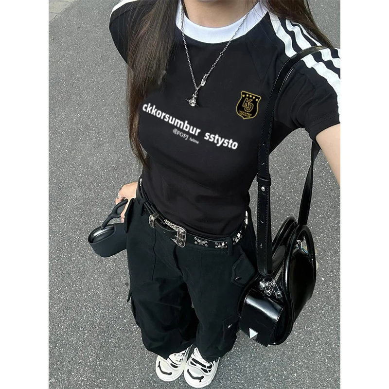 美式甜辣妹风修身显瘦百搭短袖t恤女夏季新款潮牌圆领短袖上衣女