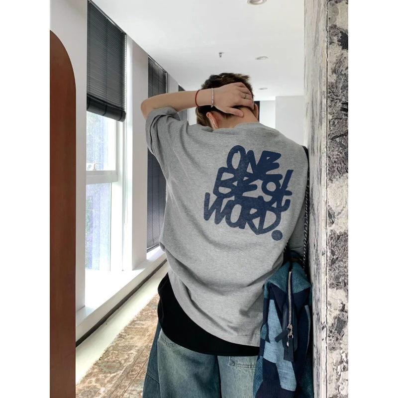 重磅硬挺纯棉浅灰国潮字母印花短袖T恤男士运动休闲宽松圆领上衣