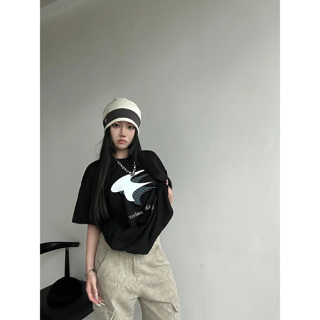 夏季高档时尚百搭创意印花短袖t恤女款运动潮牌黑色半袖上衣