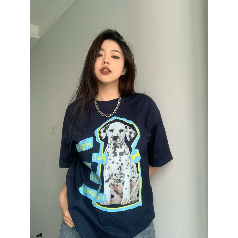 美式高街斑点狗印花宽松显瘦短袖衫夏季新款百搭潮流情侣t恤上衣