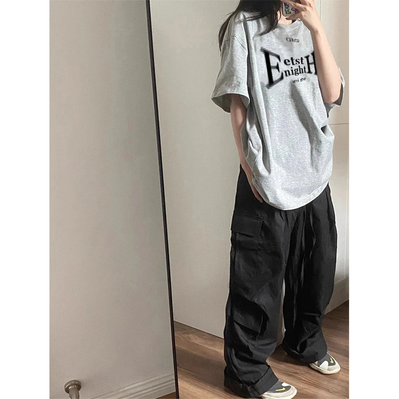 重磅硬挺纯棉夏季学院风短袖T恤女休闲字母印花宽松百搭上衣潮流