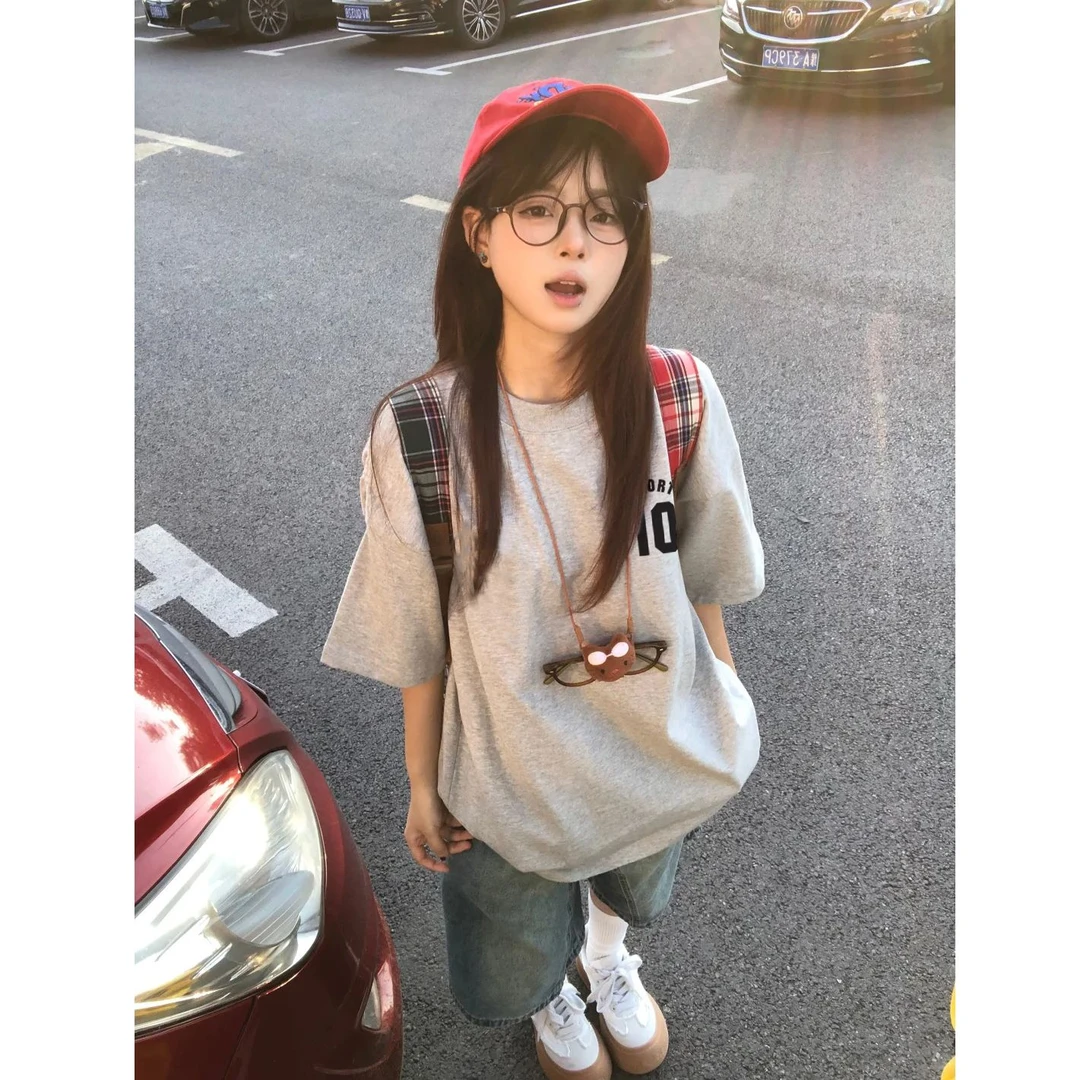 夏季新款宽松百搭休闲慵懒风短袖t恤女美式时尚潮款圆领上衣