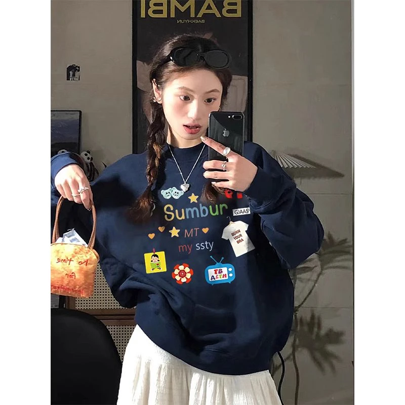 韩版长袖圆领卫衣女秋冬季宽松加绒加厚时尚潮流印花套头外套