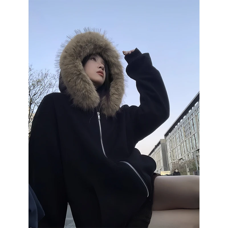 YWBY秋冬慵懒风连帽开衫加绒毛领纯色卫衣女宽松保暖长袖立领外套