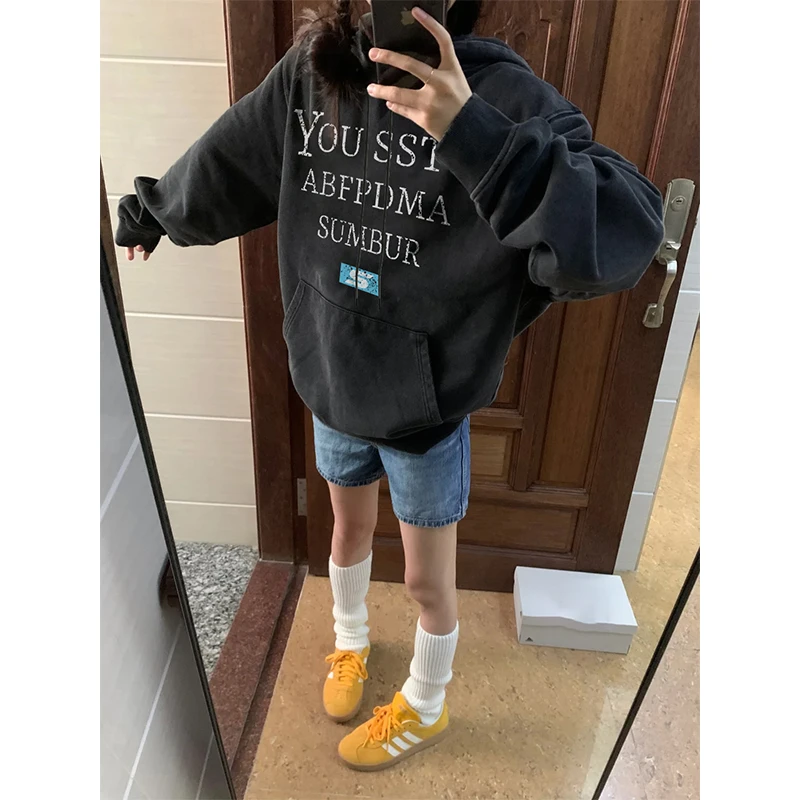 秋冬长袖时尚休闲连帽衫卫衣女学生加绒加厚宽松潮流印花套头外套