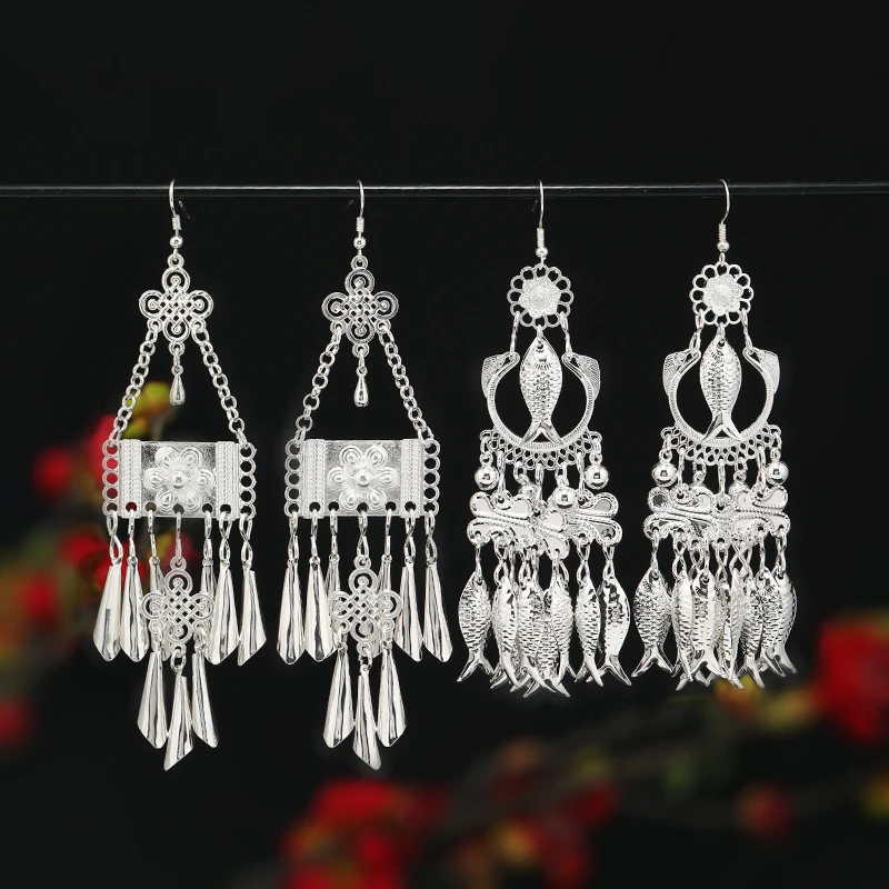 锌合金耳饰 新中式民族风银色耳环复古长款流苏中国风云南耳坠女