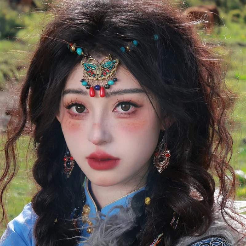 铜项链 藏式尼泊尔蝴蝶头饰复古民族风流苏额头链异域风眉心坠女