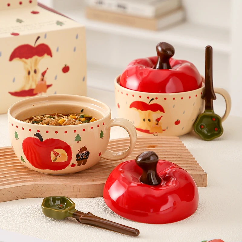 精东家可爱苹果陶瓷泡面碗高颜值带盖勺大容量早餐碗生日礼物礼盒