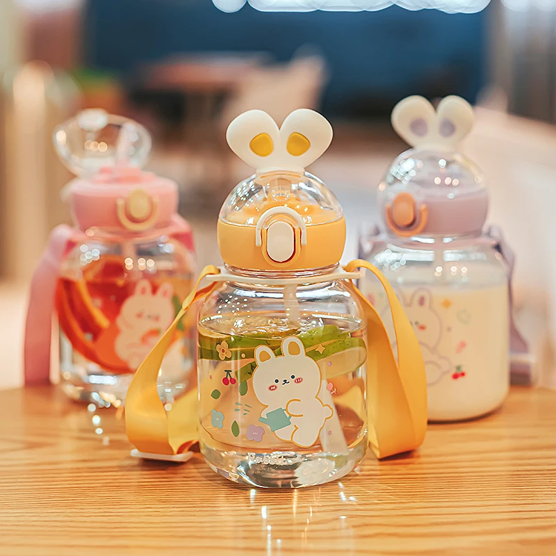 夏季儿童水杯可爱兔子吸管杯小学生女孩子上学专用便携防摔水壶