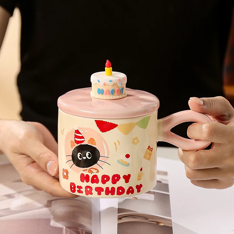 精东家生日蛋糕猫咪陶瓷马克杯带盖可爱情侣杯子家用喝水杯咖啡杯