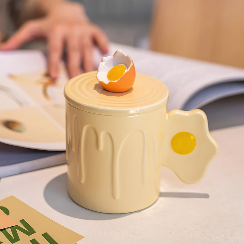 精东家可爱荷包蛋创意陶瓷马克杯个性送礼水杯奶fufu带盖勺早餐杯