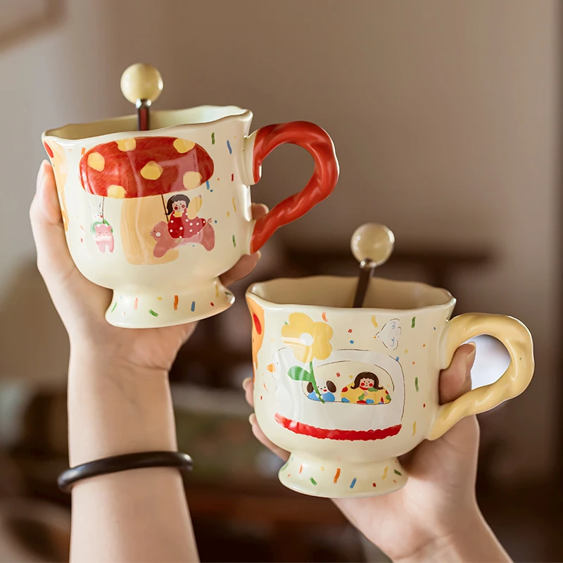 精东家可爱小清新麻花高脚马克杯家用带盖勺情侣杯办公室喝水杯子