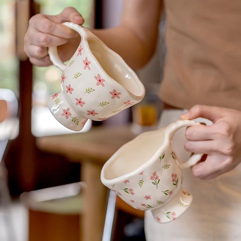 精东家原创设计复古碎花手捏马克杯小众高颜值家用陶瓷喝水咖啡杯