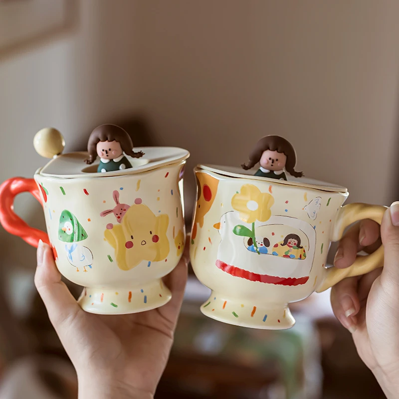 精东家可爱小清新麻花高脚马克杯家用带盖勺情侣杯办公室喝水杯子