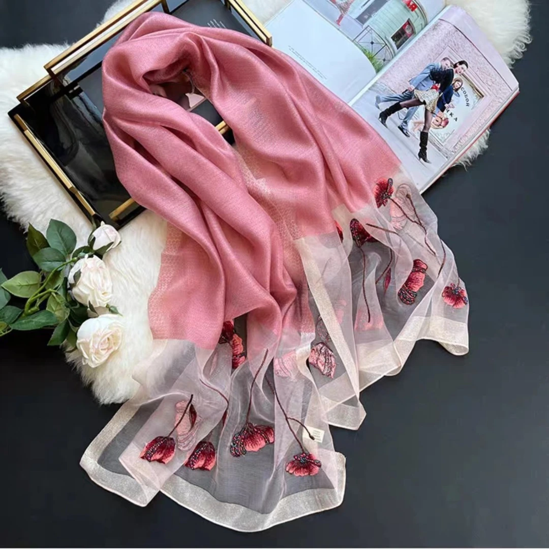 【香蜜沉沉】高端皮红色 新款高端刺绣175*75绣花围巾丝巾披肩