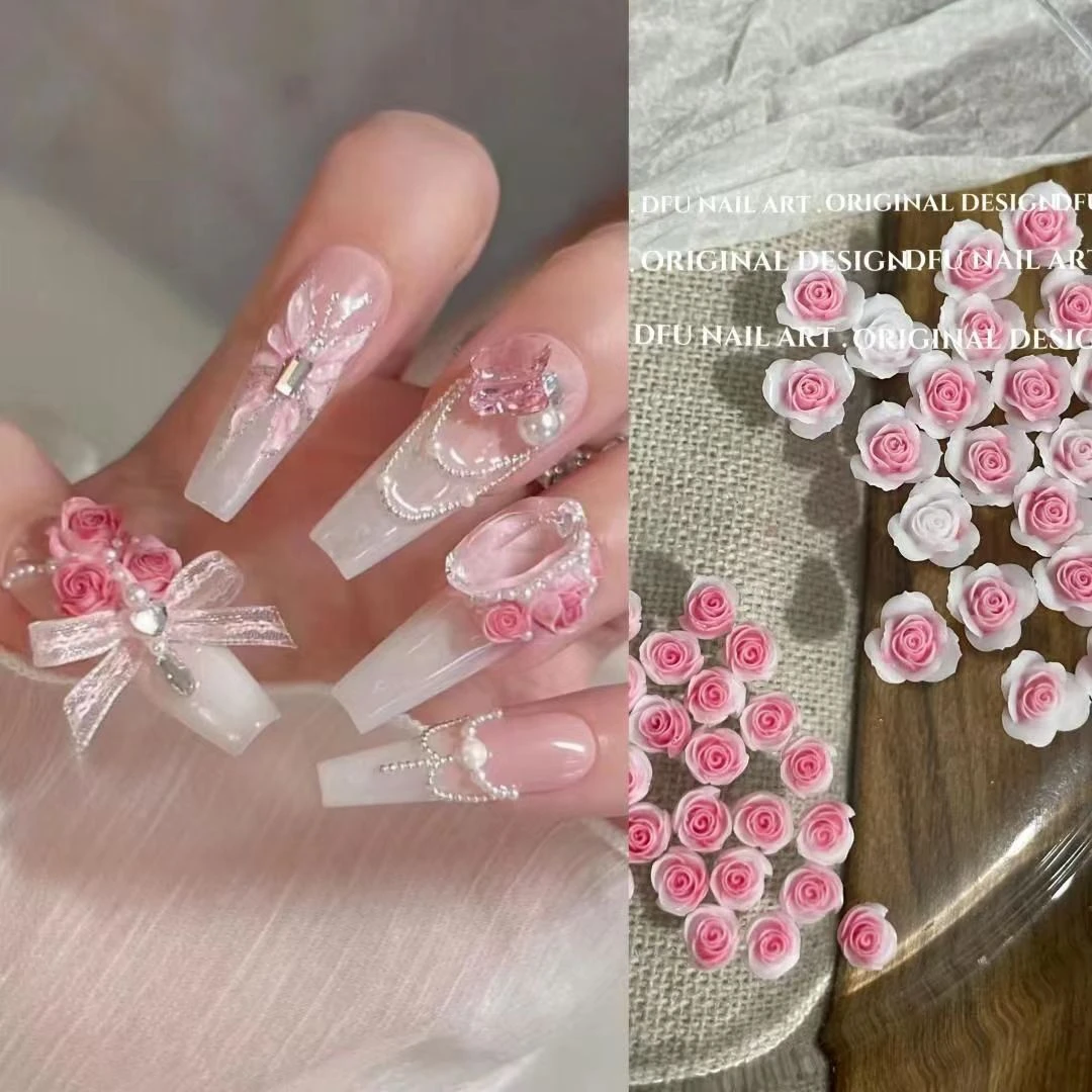 新款双色渐变玫瑰山茶花美甲饰品蔷薇恋人情人节玫瑰花大小混装钻