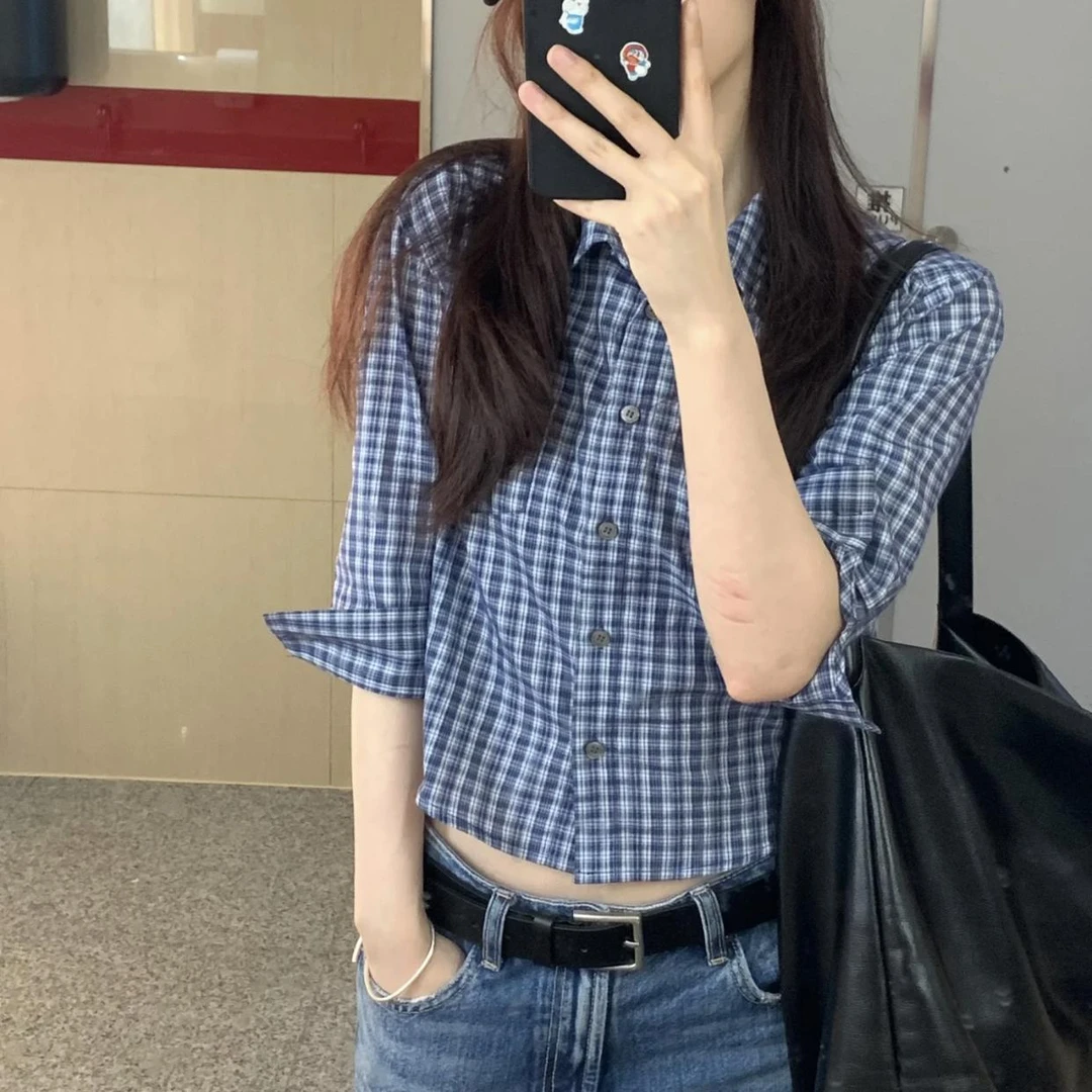 日系Polo领翻领格子衬衫女秋季高级感收腰显瘦七分袖短款衬衣ins