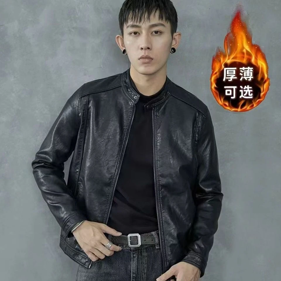 加绒加厚新款皮衣男士外套潮流修身百搭秋冬季立领机车服夹克男装