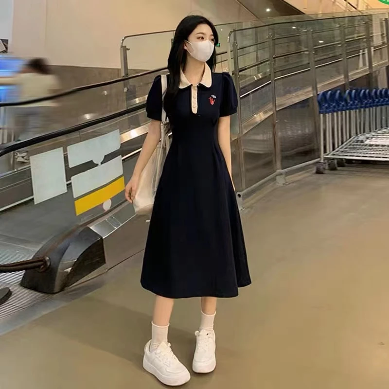 polo领连衣裙少女夏装2023新款大童初中高中学生学院风收腰长裙子