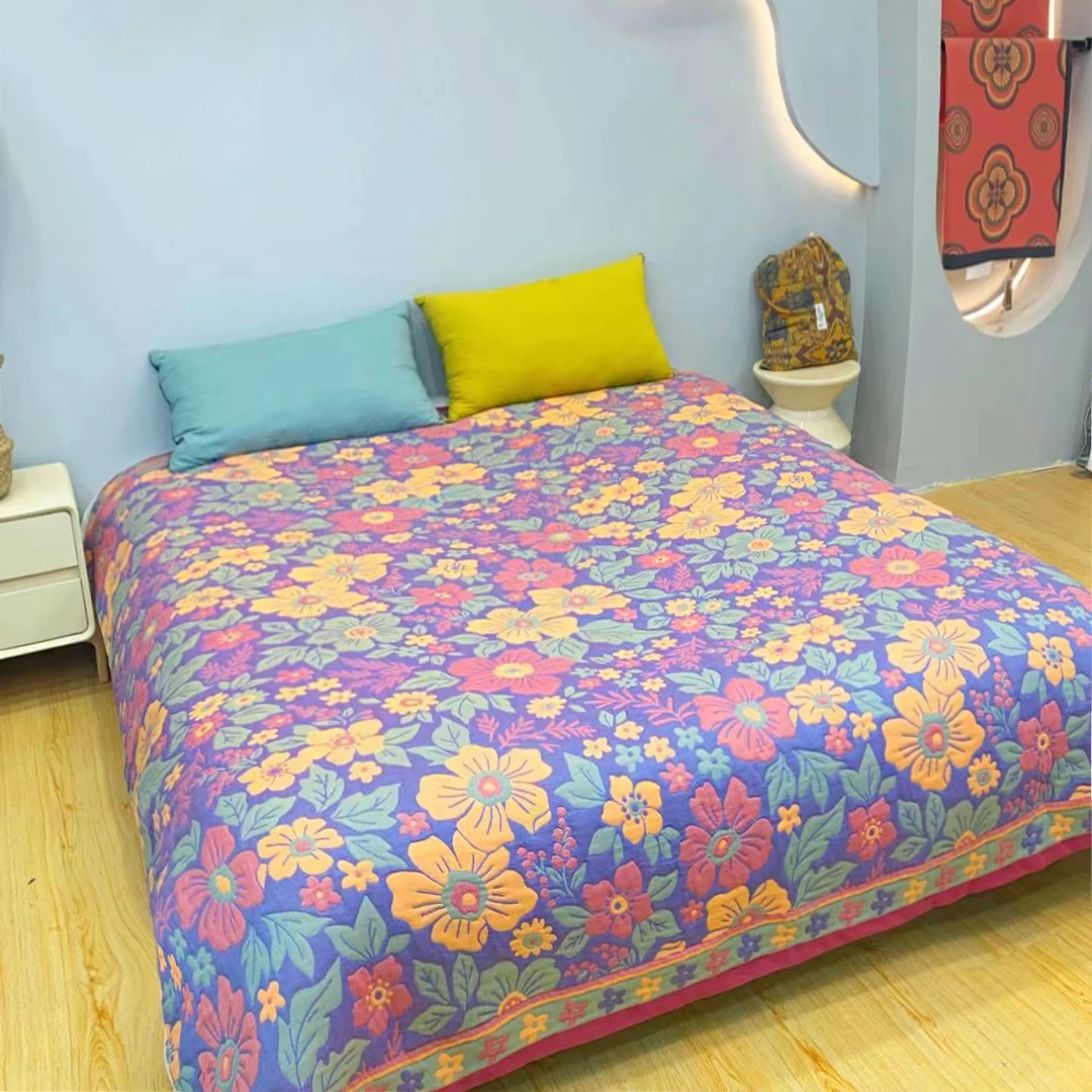 紫色墨恋花230X250多层纯棉单人纱布盖毯加大床盖床盖四季通用