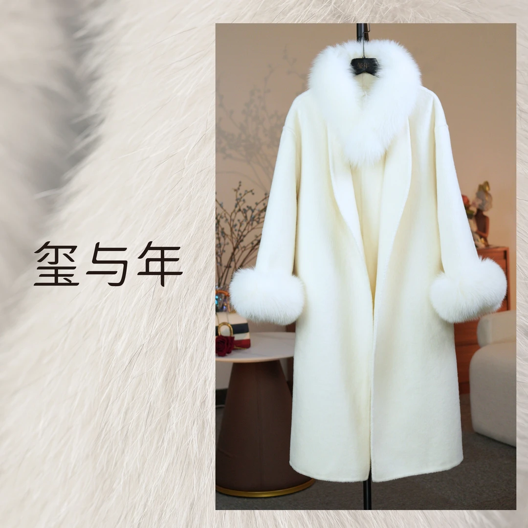 【戴安娜】狐毛羊毛大衣翻领百搭时尚设计中长款气质女士毛呢外套