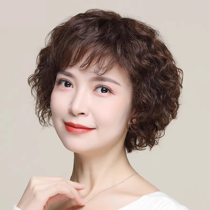 中长假发女中短卷发自然偏分真人发丝手织卷发真发妈妈全头假发套