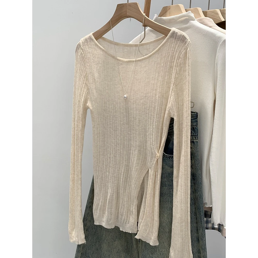 法式气质微透纯欲薄纱防晒罩衫T恤女夏新款开叉纽扣压褶修身上衣