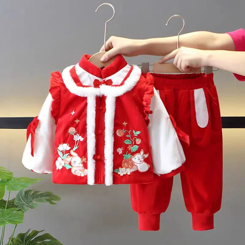 女童冬装拜年服套装加绒加厚喜庆新年衣服女宝唐装元旦幼儿园演出