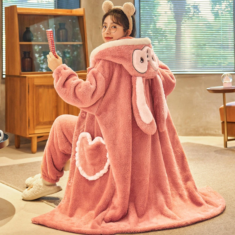 万商秋冬季新款兔耳朵法兰绒睡袍睡衣女加绒加厚长毛绒浴袍家居