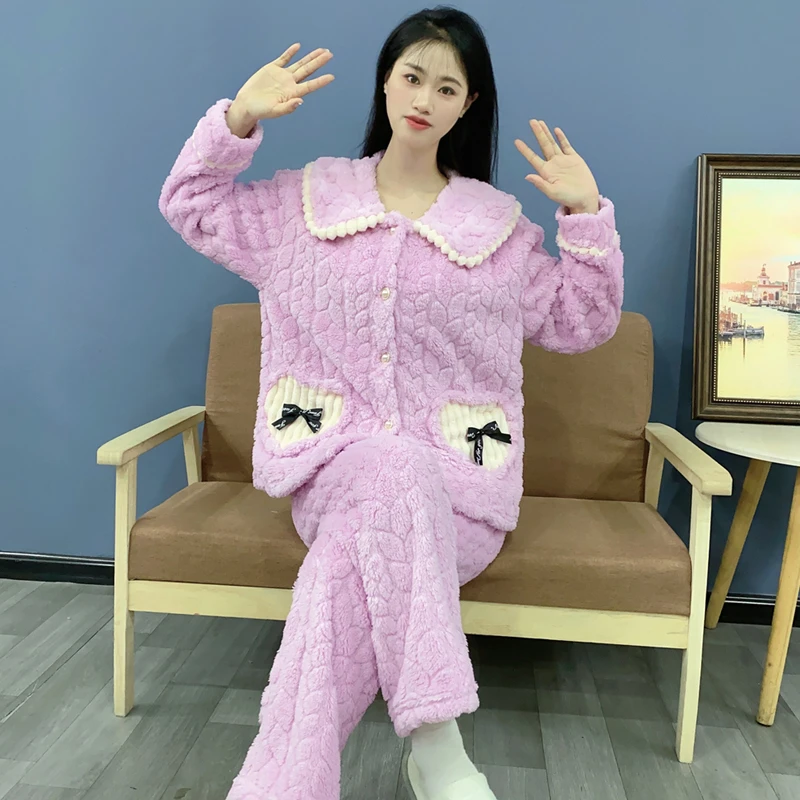 秋冬季女士睡衣法兰绒加厚保暖时尚少女生高中生家居服套装Y93