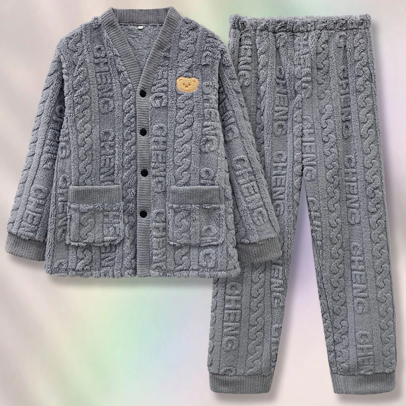 男士秋冬款法兰绒加厚加绒睡衣新款可外穿V领家保暖居服套装Y145