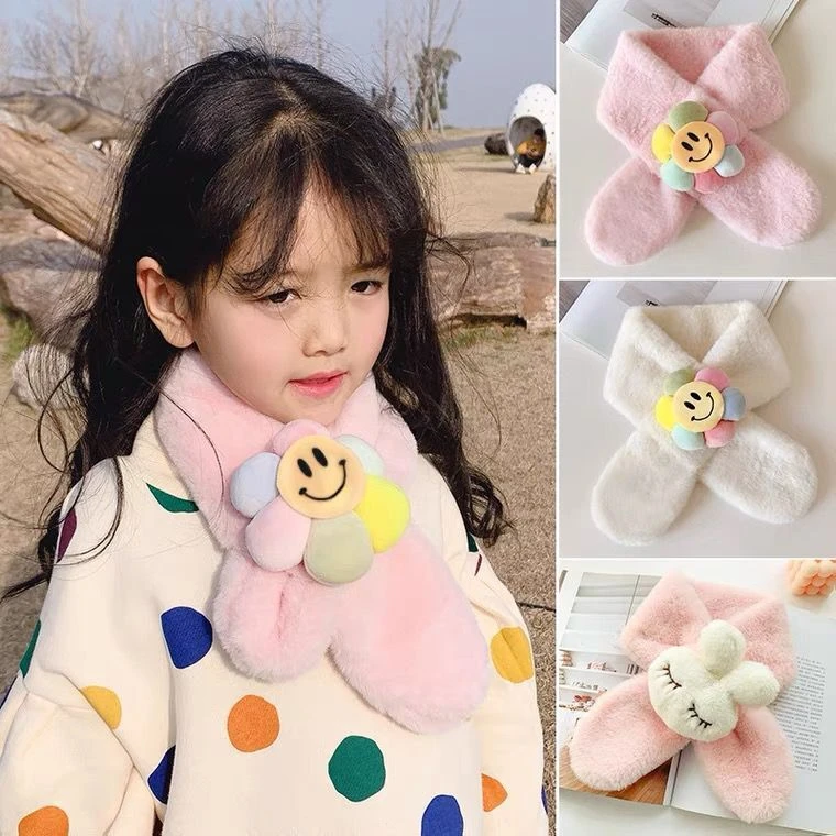 儿童围脖秋冬新款男孩女孩围巾加厚可爱眯眼兔毛绒围脖女童围巾冬