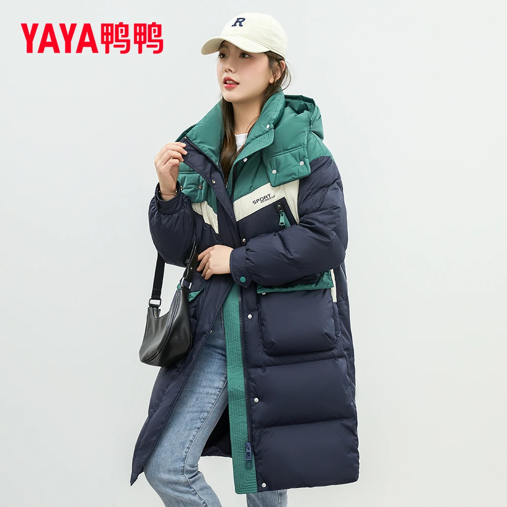 YAYA/鸭鸭新品气质连帽长款羽绒服女连帽撞色设计时尚防风女外套