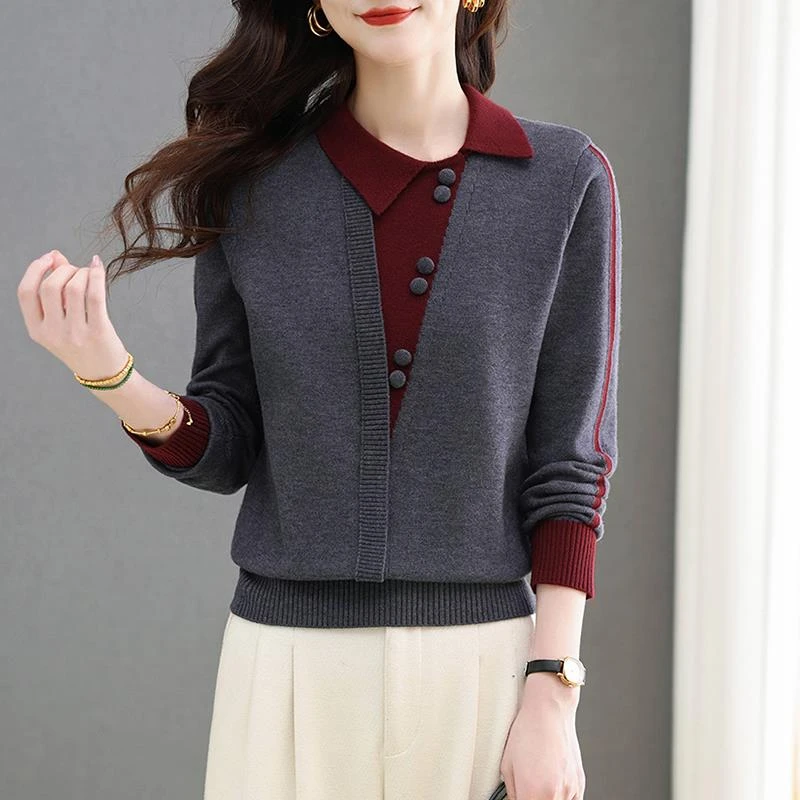 毛衣女秋冬2024新款洋气减龄拼色翻领爆款内搭针织衫外穿打底上衣