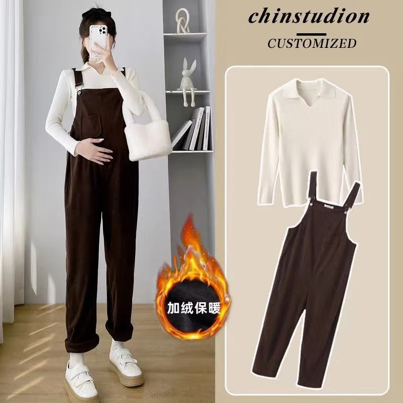 孕妇背带裤秋冬外穿加绒加厚大码休闲保暖秋季套装灯芯绒孕妇裤子