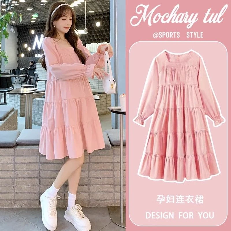 孕妇秋装连衣裙2024新款时尚宽松小个子春秋外出粉色长袖秋季裙子