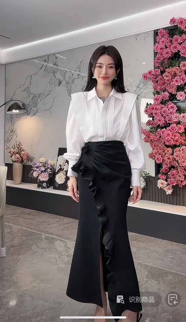 【磊磊分享】秋装上新不规则荷叶边立体玫瑰花朵开叉长裙891