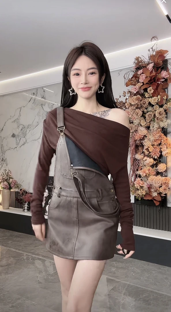 【磊磊分享】秋季上新复古斜肩领不规则漏肩收腰显瘦针织上衣#8836