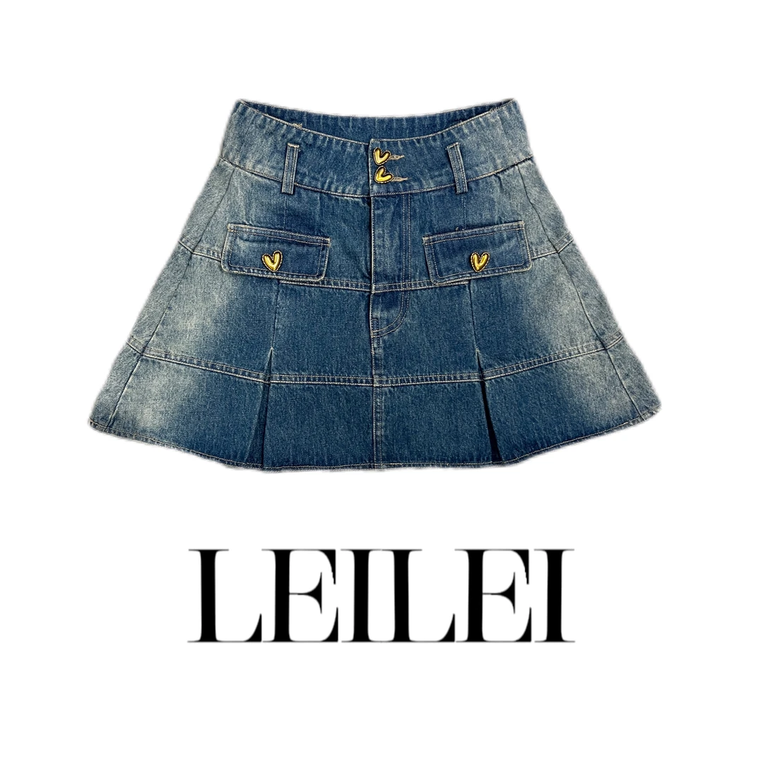 【磊磊分享】高腰复古百褶牛仔半身裙遮肚显瘦设计感a字裙2788